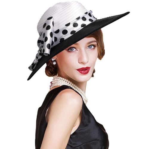 Wide Brim Kentucky Hat for Women Tea Party Dress Cocktail Derby Hat with Big Bowknot Polka Dots Sun Fedora Hats White Black