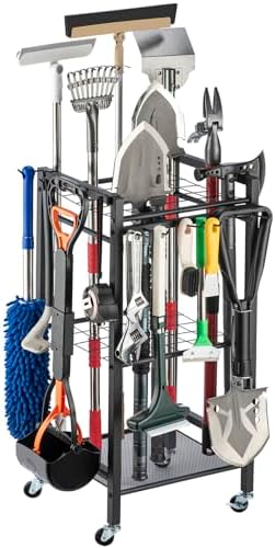KIPHCA Garden Tool Organizer- 3 Tier Garage Storage and Organization, Holds Up to 35 Long-Handled Tools, Heavy-Duty Metal Holder with 6 Adjustable Hooks, Black