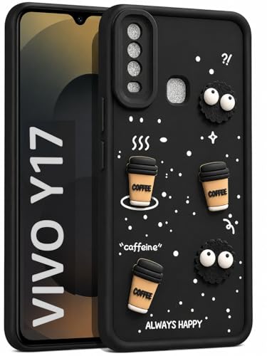 Image of KashiVerse Cute Fun Ball | Taddy Cartoon 3D Smiley Coffee | 3D Eyes| Full Camera Protection Back Cover Compatible for Vivo 1916 / U10 / Y15 / Y12 / Y17 - Black