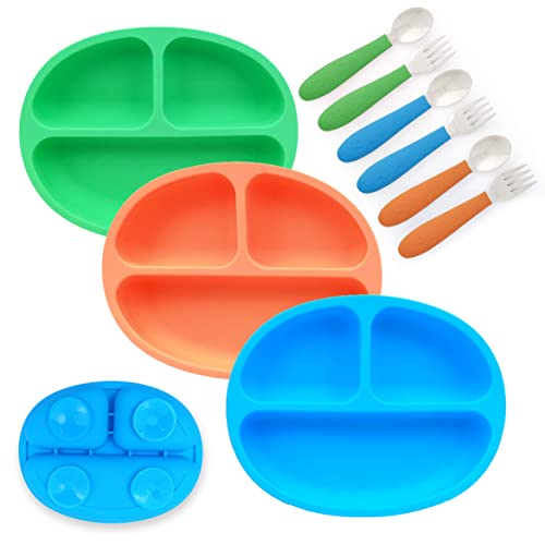 Image of Elk and Friends Silicone Suction Plate for Babies/Toddlers + Stainless Steel Silverware Feeding Set | Divided Plate | Suction Design | Forks + Spoons Included | 3 Pack