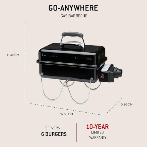 Weber Go-Anywhere Gas BBQ/Portable Grill with Folding Legs, Push Ignition, Durable Enamel, Lightweight & Compact Camping Barbecue for Outdoor Use, 42 x 26 cm Cooking Area, Black