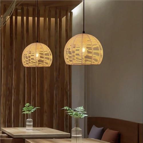 Farmhouse Hemp Rope Rattan Lampshade Hanging Light Rustic Woven Dome Pendant Lamp with E27 Base Nordic Chandelier for Kitchen Island Dining Room Bedroom Living Room Study(50cm) - Image 2