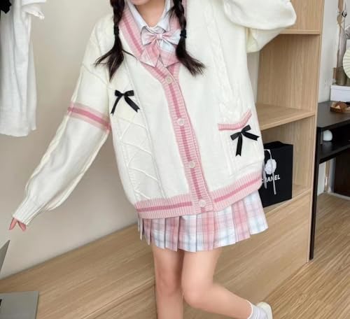 Image of ebossy Womens Kawaii Cute Bowknot Cable Knit Cardigans Sheep V Neck Button Down Slouchy Preppy Wool Blend Sweater Coat