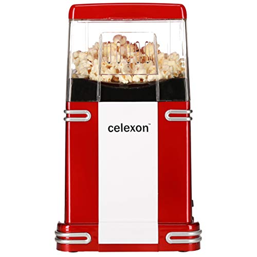 celexon CinePop CP250 Retro Popcornmaschine rot-weiß | kleiner Popcorn Maker zum befüllen mit Mais | Heißluft-Zubereitung zunächst fettarm & öl‑frei