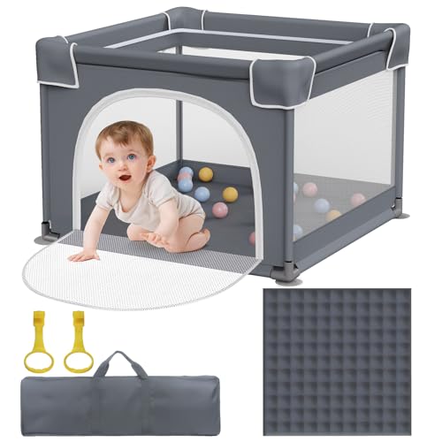Image of Jixrolyn Small Baby Playpen with Mat, Sturdy Safety Play Yard, Washable Small Playpen for Babies, Soft Breathable Mesh, Zipper Gate, Anti-Slip Base 36"x36"