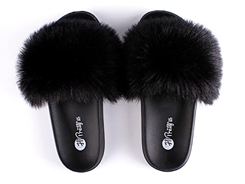 Image of Women's Faux Fur Slides, Open Toe Cute Fur Slippers, Indoor or Outdoor Comfortable Furry Slide Sandals With Fluffy Fur