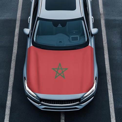 Image of Morocco Flag Print Car Hood Cover Elastic Polyester Car Hood Protector Auto Patriotic Decorations Waterproof Sunproof Automotive Exterior Accessories for Sports Events and Outdoor Use