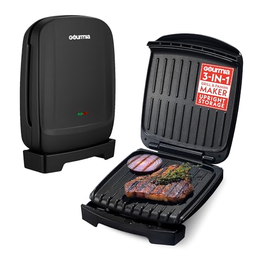 Gourmia Indoor Grill & Panini Maker – 4 Serving Contact or Open Grill, Nonstick Ceramic, Preheat Indicator Light, Slope Design with Removable Dishwasher Safe Drip Tray