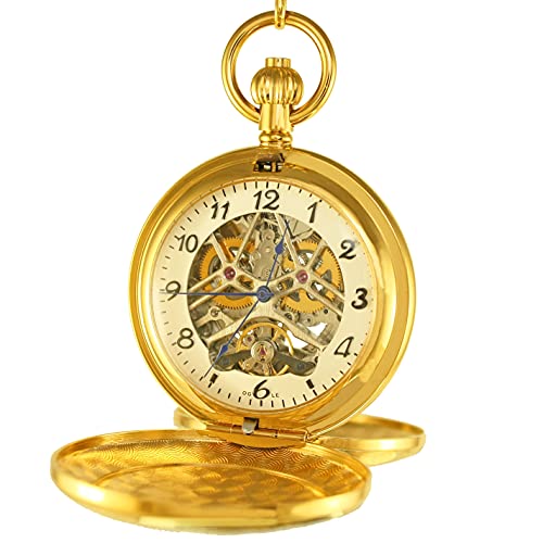 Image of OGLE Vintage Double Copper Cover Case Dual Movement Skeleton Chain Fob Self Winding Automatic Mechanical Pocket Watch