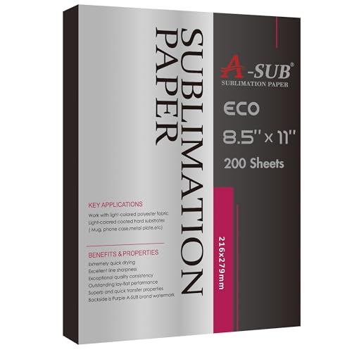 A-SUB Sublimation Paper 8.5x11 Inch-200 Sheets Heat Transfer Paper for Light Colored Fabric and Other Blanks, Works with Inkjet Printer and Sublimation Ink 125g