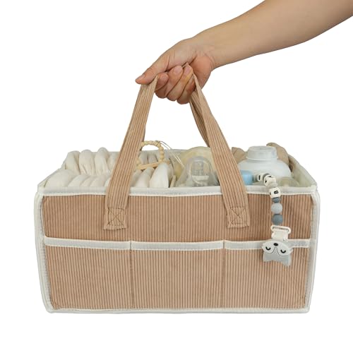 Image of XUANGUO Baby Diaper Caddy Organizer - Large Nursery Storage Bin and Car Organizer for Diapers, Baby Wipes, and More - Brown