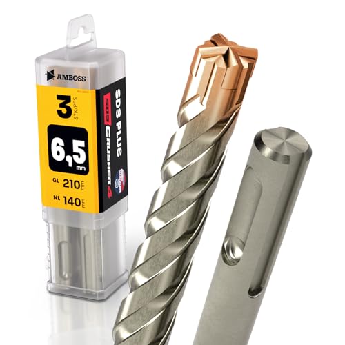 3x SDS Plus Foret à 4 tranchants PGM pour marteau perforateur Ø 6.5 mm x 140 mm – AMBOSS SDS Crusher 4 – Foret à béton HM professionnel 6.5 x 140 – Foret à pierre, béton armé, maçonnerie, brique, grès
