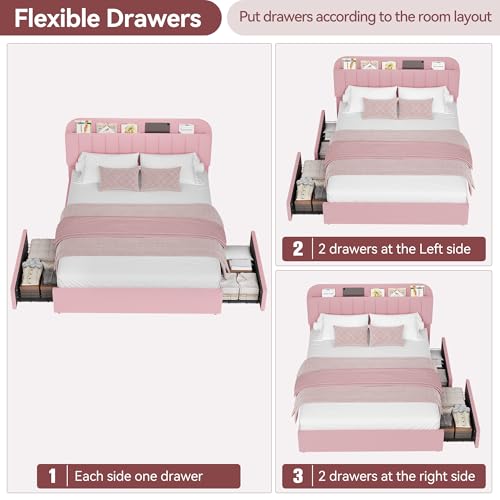 GarveeHome Queen Bed Frame with Storage Headboard, Girls Bed Frame with 2 Drawers, Boucle Upholstered Platform Bed with Bookcase, No Box Spring Needed, Easy Assembly, Pink