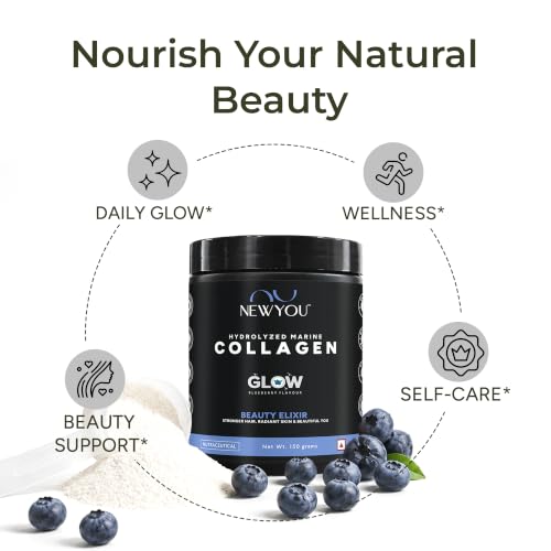 Image of NewYou Collagen Glow Marine Collagen Powder for Skin, Hair & Nail Support | With Glutathione, Biotin, Hyaluronic Acid & Vitamins B Complex, C & E | Supports Skin Hydration & Hair Health | Blueberry Flavour | 150g