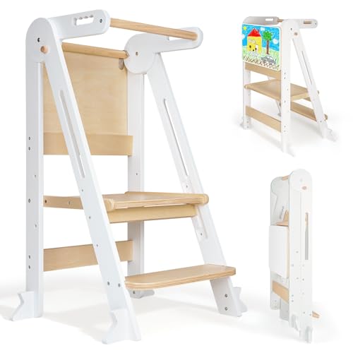 SOFTHOM Montessori Learning Tower, Taburete de aprendizaje plegable, altura ajustable, adecuado para niños a partir de 1 año, torre de aprendizaje con función de dibujo, torre de aprendizaje de madera