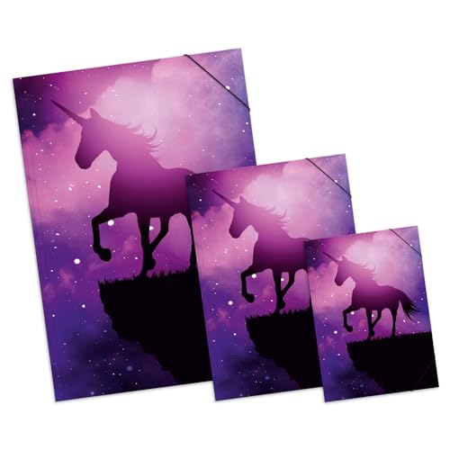 itenga Set Zeichenmappe DIN A2 und DIN A3 und Sammelmappe DIN A4 mit Motiv - Zeichenmappe Gummizugmappe Sammelmappe - für Kinder Jugendliche Schüler Mädchen Jungen (Motiv magisches Einhorn)