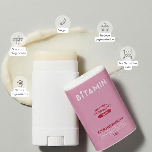 Image of Bitamin Natural Deodorant Underarm Roll On Cream For Kids & Teens | Kids Deodorant Roll On for Girls & Boys With 3% Vitamin C & E | No Aluminium, No Alcohol, No Parabens & No Triclosan | 8 Hour Odour Control, Ages 10-18 | Strawberry, Peach, Cotton Vanilla, Strawberry & Sea Salt 15 g Each (Pack Of 4)
