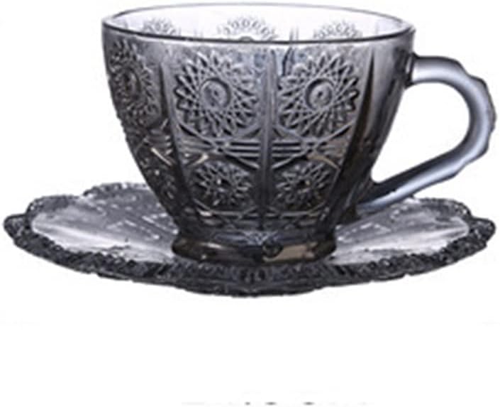Nordic Vintage Coffee Mugs Relief Flower Pattern Luxury Water Cafe Tea Milk Cups Condensed Glass Drinkware Cup Saucer Suit Set(Amber)