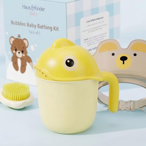 Image of Haus & Kinder Bubbles Baby Bathing Kit (Set of 3) | Rinse Cup, Adjustable Shower Cap & Silicone Shampoo Brush for Newborns & Infants (0-12 Months)
