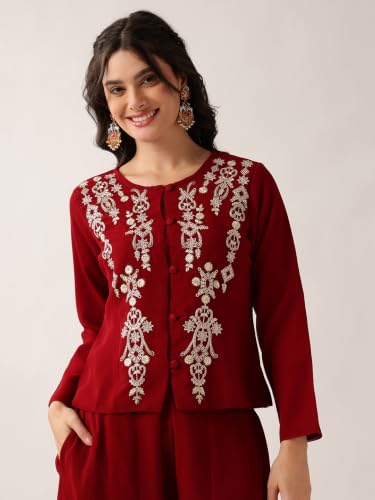 Image of Vbuyz Women Floral Embroidery Stylish A-Line Fandy Silk Kurta With Palazzo