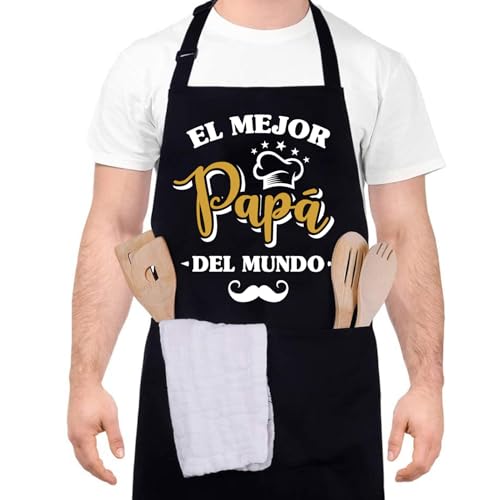 Halinuia Delantales Cocina Hombre Ajustable Delantales de Cocina Delantal Negro con Bolsillos Impermeables Aprons Original Delantal Regalo para Papá,Negro