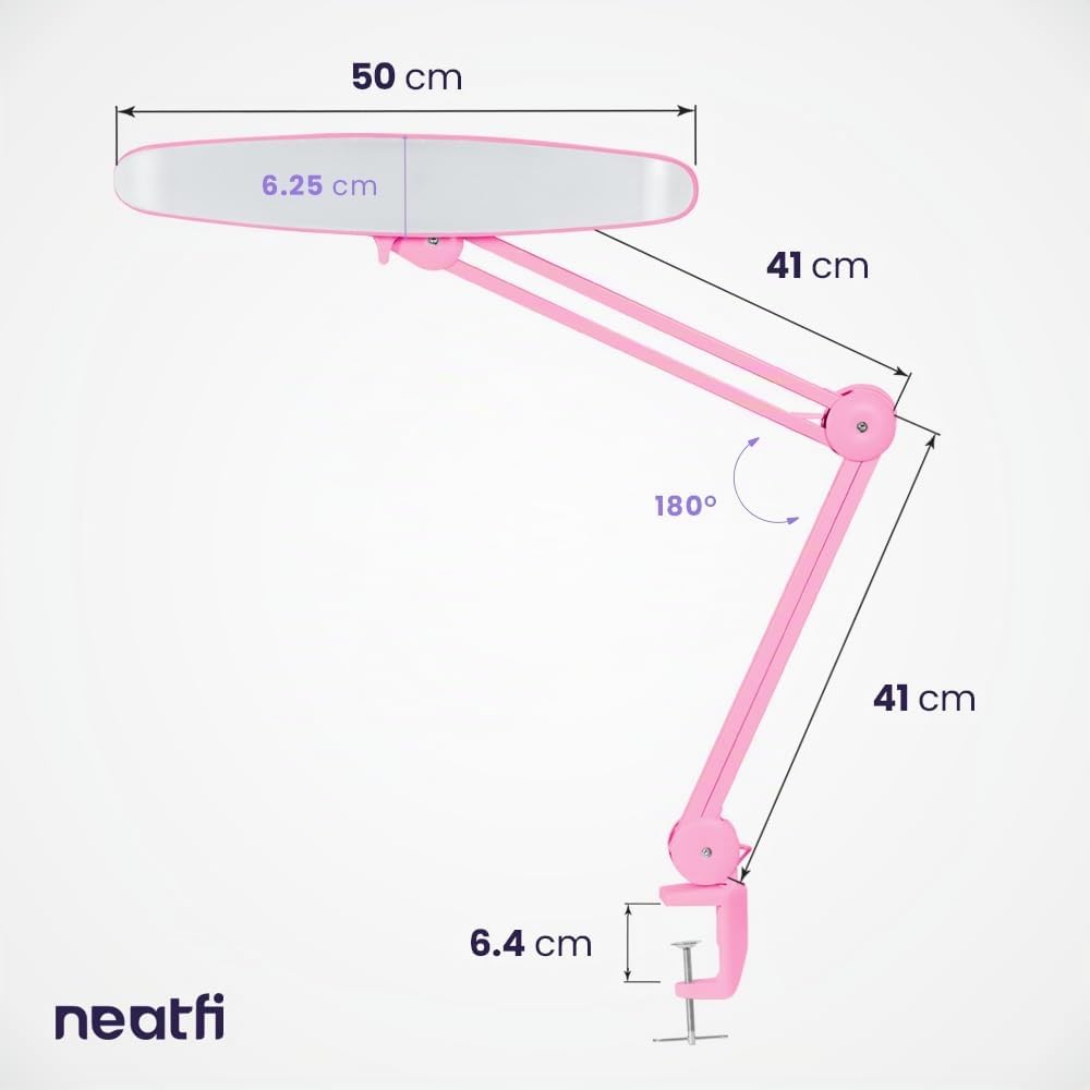 Neatfi XL Lampada da Scrivania LED 2200 Lumen 24W con Morsetto – Illuminazione Senza Ombre | 4 Livelli di Intensità | Ufficio Domestico e Hobby | Testa Larga 50 cm (Rosa, Non-CCT con morsetto)