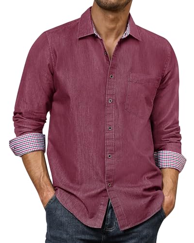 DEMEANOR Camisas de mezclilla para hombre, manga larga, cuello liso, camisas casuales para hombre, camisas de trabajo para hombre, ajuste regular, rosso, S