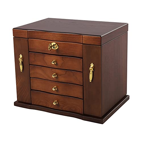 GramStudio Joyero retro de 5 capas, joyero de madera marrón, organizador para mujeres con espejo y 4 cajones, gran capacidad