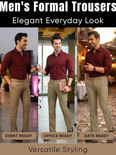 Image of GRECIILOOKS Men's Formal Cotton Blend Trousers, Slim Fit Office Wear Pants with Button Closure, Wrinkle Resistant Smart Casual Workwear Bottoms