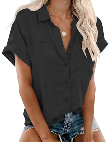 Rapbin Women's Casual Button Down Shirts Short Sleeve Loose V Neck Collared Shirt Blouse Tops Black L