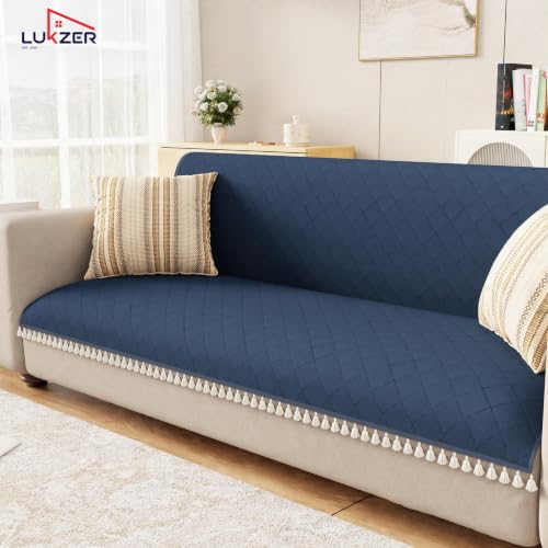 Image of Lukzer Quilted Sofa Cover Mat with Tassels for 5 Seater Sofa - Midnight Blue | Soft Washable Anti-Slip Protector for Living Room | Furniture Cover for Back-Seat Slipcover 3+1+1 Seat Cover /SC-191-5T