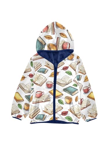 Colorful Books and Coffee Girls Fleece Jacket Girls Fall Jacket Boys Coats Zip Up Hoodie Children Sherpa Warm Outerwear 2-10T