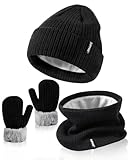 Baby Beanie Mittens Scarf Set Girls Boys, Toddler Winter Hat and Gloves Neck Warmer Set Knit Warm with Fleece Lining, Kids Cold Weather Accessories Sets for Children Infant(Black,6-36 Months)
