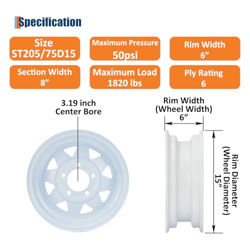 Image of GarveeTech ST205 /75D15 Trailer Tire and Wheel Assembly, 5 Lug, Set of 2 | Heavy-Duty Load Range C 6PR, White Spoke Wheel, 15 Inch Tires for Utility /Boat /Camper Trailers