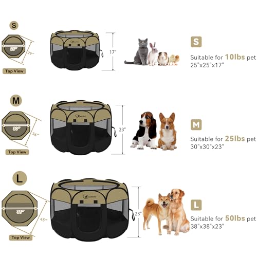 Image of Siedihit Dog Cat Playpen, Medium Puppy Pet Playpen, Dog Crate Tent Cage Indoor /Outdoor, Portable Pop Up Dogs Kennel Playpen with Carrying Case for Dogs /Cats /Rabbits(Black Khaki, Medium)