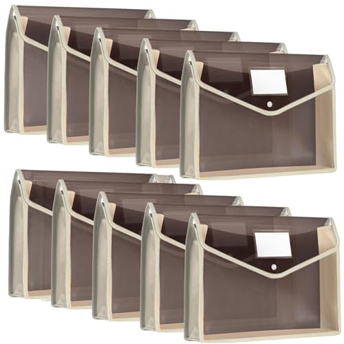 10 carpetas de plástico expansibles para archivos, carpetas de documentos con cierre a presión y bolsillo, tamaño A4, impermeable, transparente, para la escuela (caqui, horizontal)