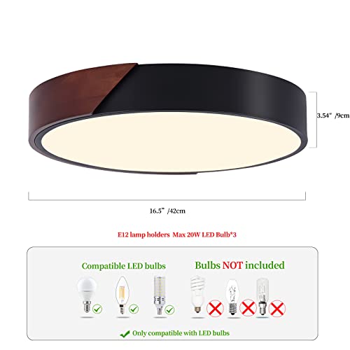 Qamra Modern Flush Mount Ceiling Light, 3-Light E12 Wood Close To Ceiling Lighting Fixture, Acrylic Shade Ceiling Lamp For Bedroom Hallway Bathroom Laundry Room, Black, 16.5'' #TOP1