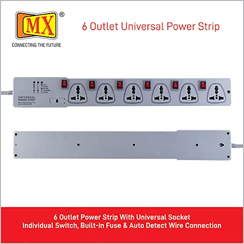 Image of MX 6‑Outlet Universal Power Strip with 3 m Extension Cord, Individual Switches, 5 A Surge Protector, Multi‑Plug Board for Home & Office