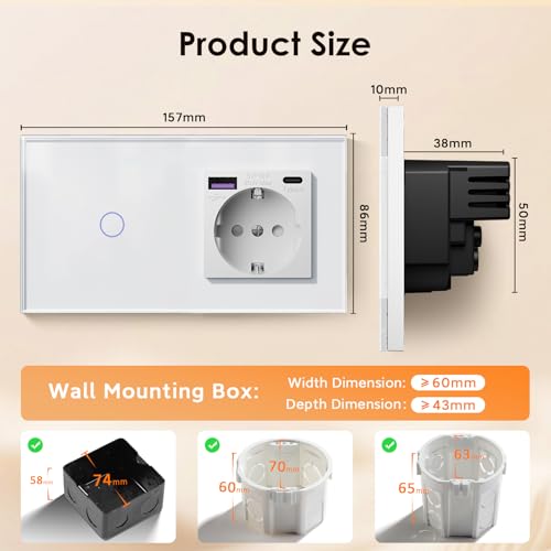 BSEED Touch Lichtschalter mit Steckdose Schuko Unterputz Steckdose mit USB C 20W Schnellladeger&auml;t USB Type C 1 Fach 1 Weg Wandsteckdose mit Glas Panel Geeignet f&uuml;r Phone, Pad, MP3 und mehr-Wei&szlig;