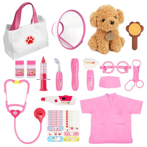 Image of Liberry Doctor Kit Toy for Toddlers 3 4 5 6 Years Old, Pink | Kids Doctor Playset with Dog Toy, Stethoscope and Dress Up Costume, Pretend Play Medical Bag, Boys Girls Birthday Gift