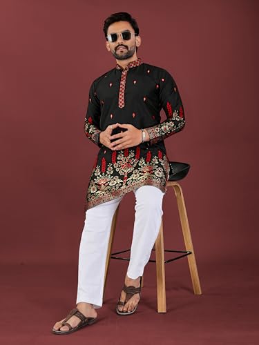 Image of Men's Cotton Silk Kurta with Jacquard Work Full Sleeves Floral Printed Side Slit and Mandarin Collar Neck | Kurta Pajama Set for Men Cotton Wedding | Short Kurta for Men
