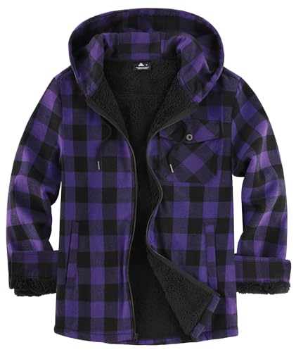 SCODI Men's Flannel Plaid Jacket Warm Sherpa Lined Fleece Hoodies for Men Zip Up Thick Jackets Winter Coat with Pocket Black Purple XL