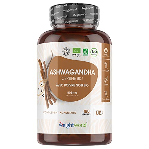 Ashwagandha Bio en Gélules Extra Fort 600mg avec Poivre Noir Bio - 180 Gélules Vegan et Sans Gluten - Ginseng Indien (Withania Somnifera) - Plante Ayurvédique Indienne - 6 Mois d'Approvisionnement Cover