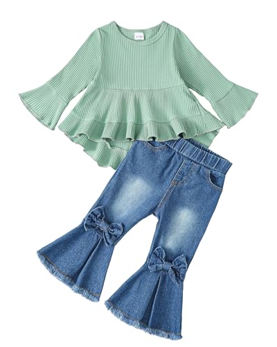 Image of Kucnuzki Toddler Baby Girls Clothes Long Sleeve Shirt Top Flare Denim Jeans Cute Outfit Baby Girl Fall Winter Clothes