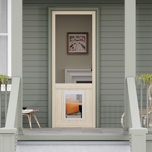 30' x 80' Pine Wooden Screen Door, with Built-in Dog Door - Universal Hinged Gauze Mesh Pet Door for...
