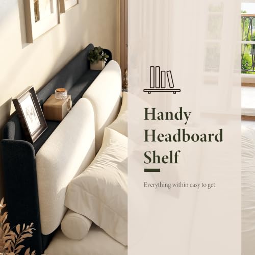 Image of Garvee Chenille Full Size Bed Frame with Recessed Shelf- Black & Beige