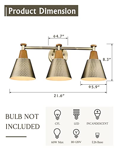 Image of FEMILA Antique Gold Bathroom Vanity Light, 3-Lights Industrial Modern Wall Sconce Bathroom Lighting, Hammered Metal Shade Finish, 4FG59B-3W BG
