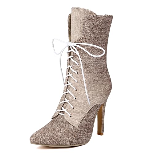 Bottes de Cheville Aiguille Talons Hauts Pointu Lacets Bottines Mode Femme Grande Taille 33-46 Bviennic