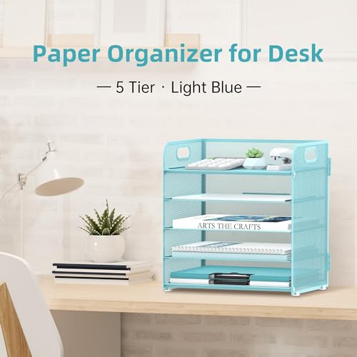 Image of 2 Pack 5-Tier Blue Desk Organizer with Handle Mesh Desk File /Paper Organizer Letter Tray for Office, School and Home Easy Installation