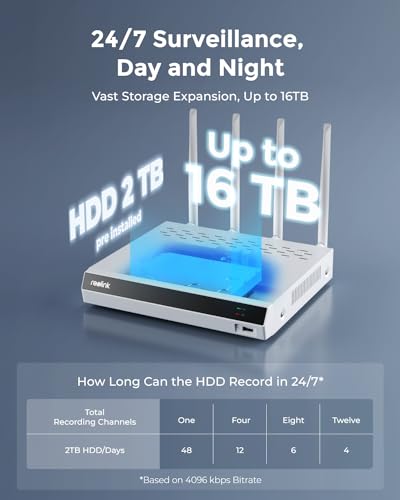 Image of REOLINK 16-Channel 4K WiFi NVR with WiFi 6 and 2.4 /5 GHz WiFi, Built-in 2TB HDD, Support 12MP /8MP /5MP /4MP HD Reolink IP Cameras, 24 /7 Recording for Home Security Camera System, Not PoE Ports, RLN12W